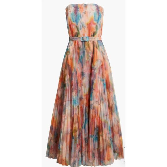 Hutch Coral Multi Swirl Strapless Pleated Fit Flare Belted Midi Dress Sz 14 - Picture 2 of 12